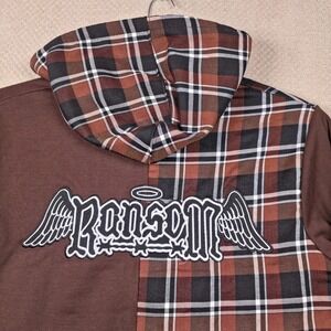 Ransom Split Plaid Hoodie Men's XL Brown Flannel Full Zip Y2K Grunge Angel Wings